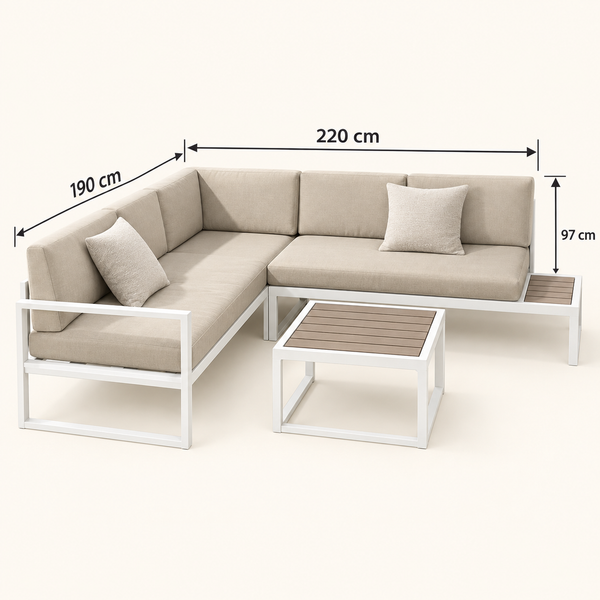 Salon de jardin d'angle – Structure en métal blanc, coussins beige et table basse à lattes effet bois
