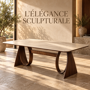 Table à manger rectangulaire sculpturale – Plateau effet travertin et piètements arqués en noyer