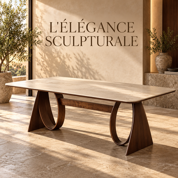 Table à manger rectangulaire sculpturale – Plateau effet travertin et piètements arqués en noyer