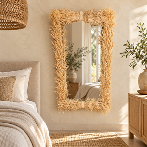 Miroir mural « Raphia » rectangulaire – Cadre en raphia naturel effet frangé
