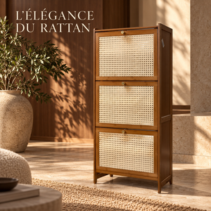 Meuble à chaussures 3 abattants – Structure en bois foncé et façades en cannage rotin
