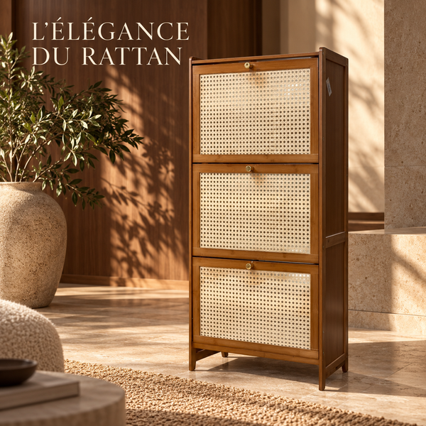 Meuble à chaussures 3 abattants – Structure en bois foncé et façades en cannage rotin