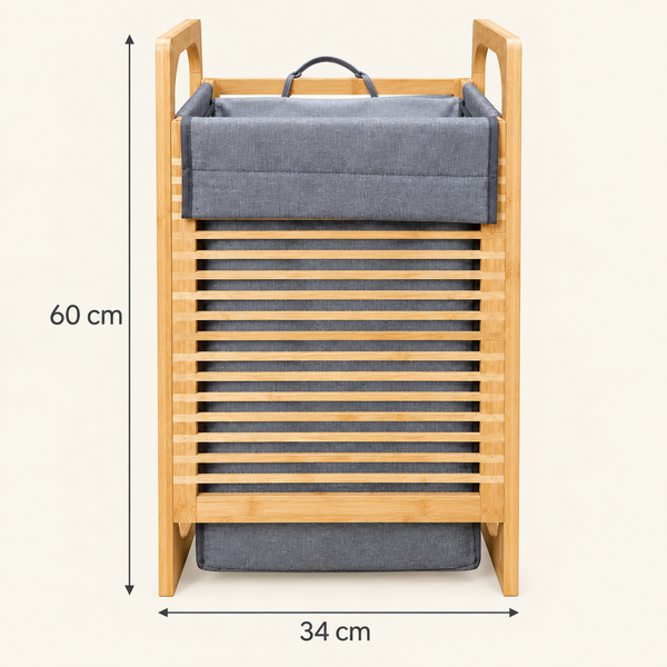 Panier à linge sur structure en bambou – Sac en tissu gris amovible