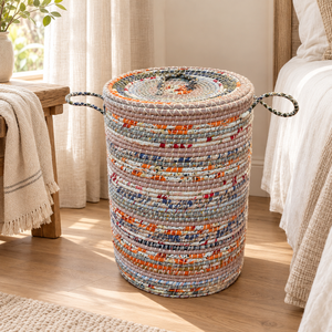 Panier à linge avec couvercle en fibres tressées et tissus recyclés, style bohème coloré