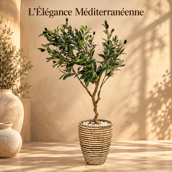 Olivier artificiel avec olives – Tronc naturel et cache-pot en fibre tressée bicolore