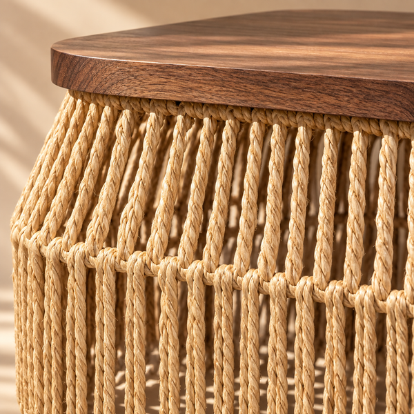 1791041040362_image.png Table basse « Raphia » en corde tressée – Plateau carré en bois effet noyer