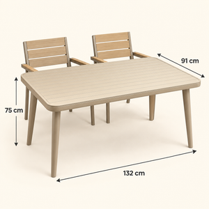 Salon de jardin 6 places – Table rectangulaire et 6 fauteuils en aluminium beige et lattes effet bois