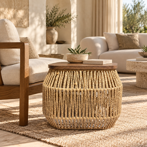 1791041040362_image.png Table basse « Raphia » en corde tressée – Plateau carré en bois effet noyer