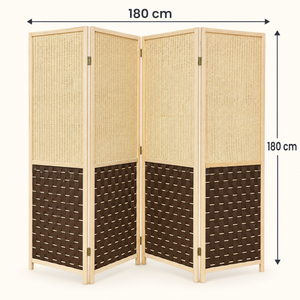 Paravent 4 panneaux – Cadre en bois clair et tissage bicolore beige et marron