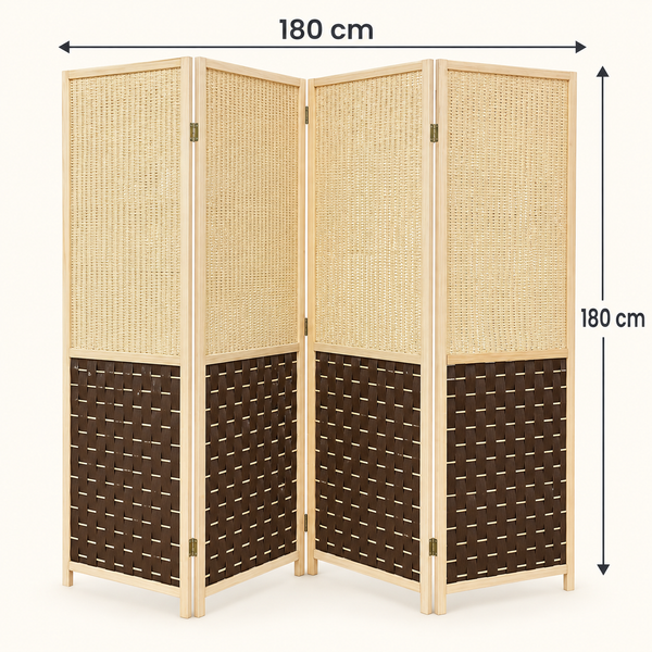 Paravent 4 panneaux – Cadre en bois clair et tissage bicolore beige et marron