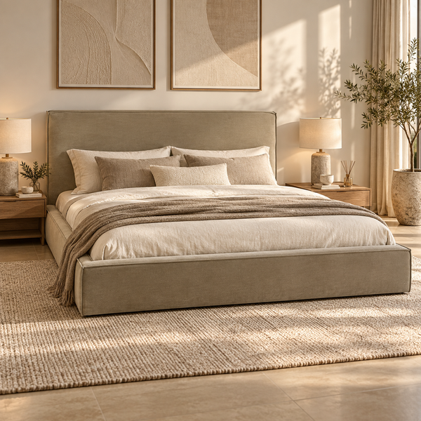 Lit Plateforme Taupe en Velours Ras, Tête de Lit Droite avec Passepoil