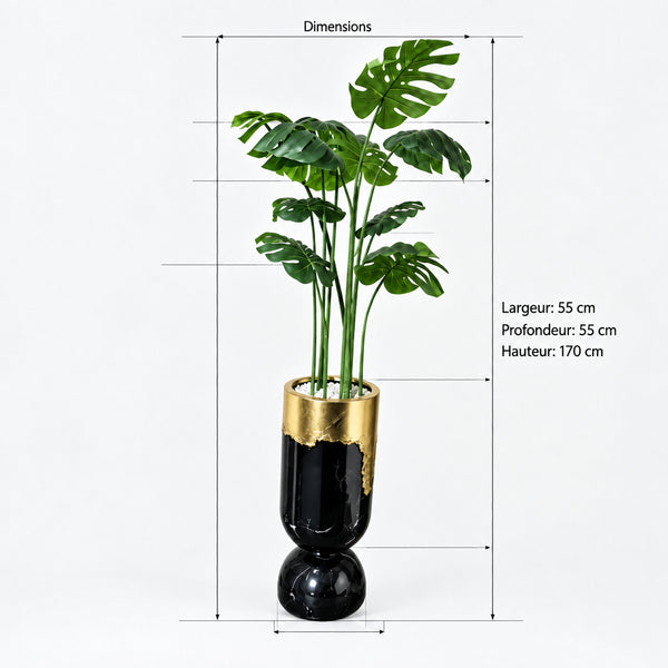 Monstera deliciosa artificiel en pot noir brillant – Liseré doré & galets blancs