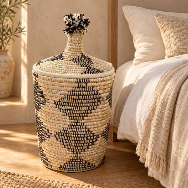 Panier de rangement avec couvercle et pompon noir et blanc, fibres naturelles, style berbère