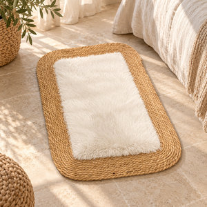 Tapis rectangulaire « Nuage » en fibre naturelle tressée et fourrure synthétique blanche – Bordure en jonc, format vertical