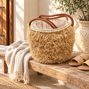 Panier cabas « Raphia » frangé – Anses en cuir et doublure en tissu