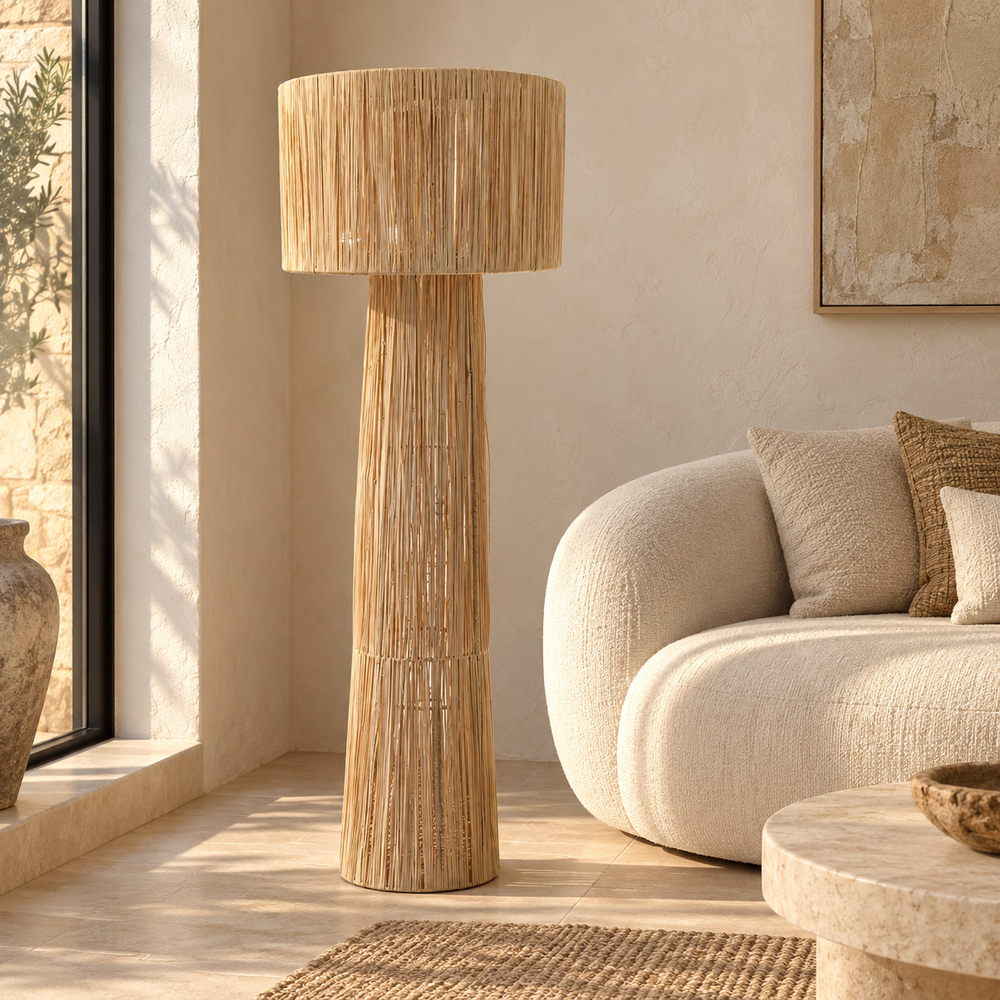 Lampadaire en Raphia Naturel, Pied Conique Ajouré et Grand Abat-jour Cylindrique