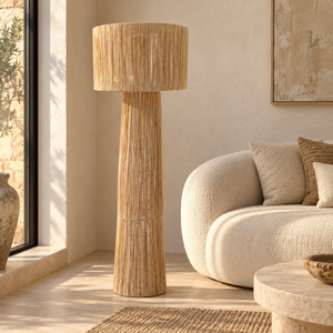 Lampadaire en Raphia Naturel, Pied Conique Ajouré et Grand Abat-jour Cylindrique