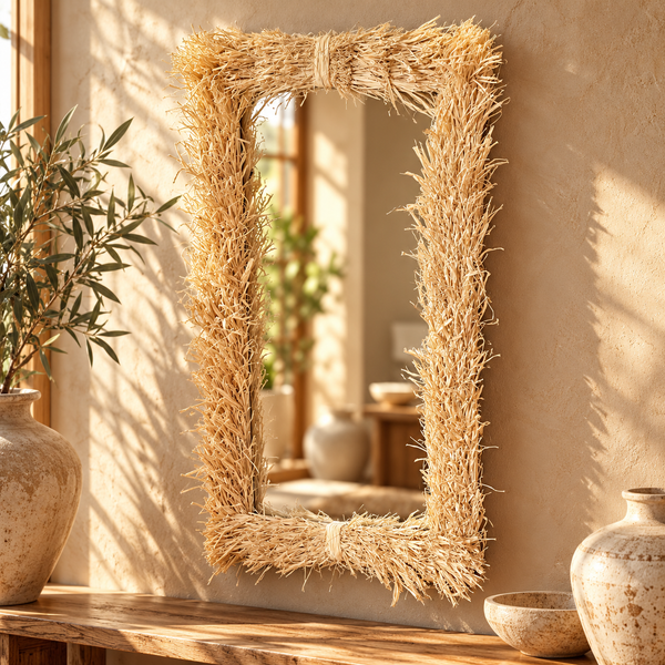 Miroir mural « Raphia » rectangulaire – Cadre en raphia naturel effet frangé