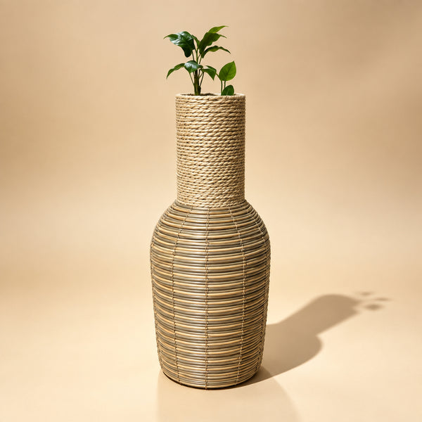 Grand Vase de Sol en Rotin Tressé avec Col en Corde