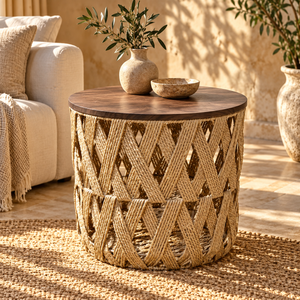 Table d'appoint ronde « Tressée » – Plateau en bois foncé et base en corde de papier tressée