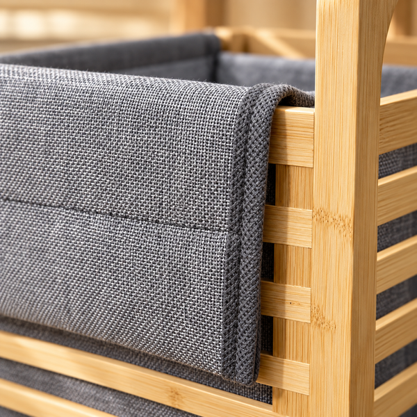 Panier à linge sur structure en bambou – Sac en tissu gris amovible