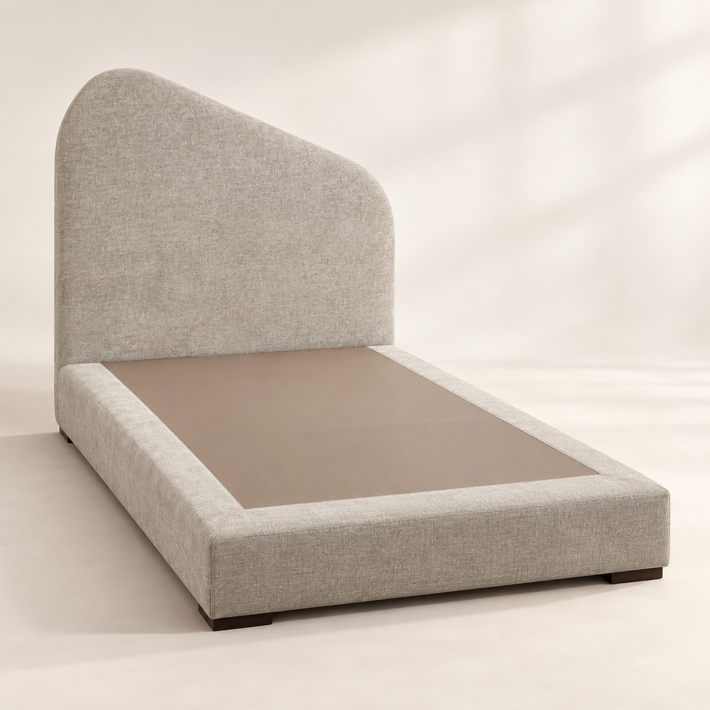 Lit Plateforme Beige Chiné en Tissu Bouclé, Tête de Lit Asymétrique Arrondie