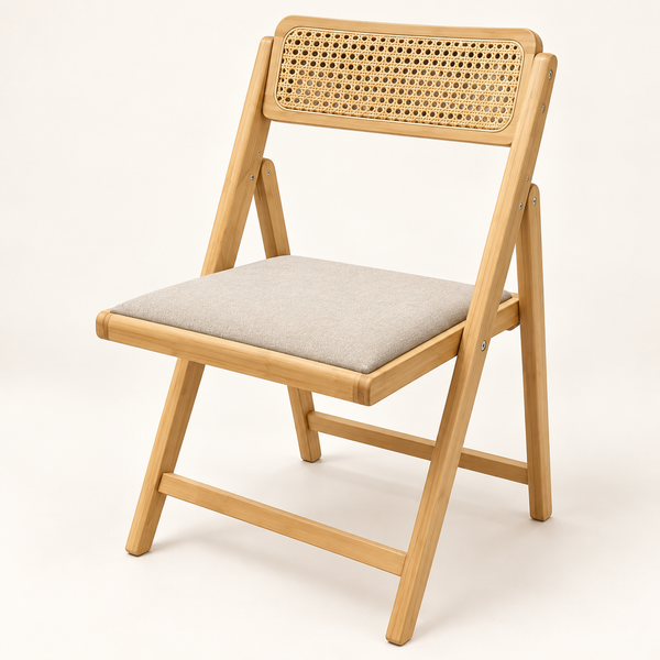 Chaise pliante « Canna » en bois clair et cannage – Assise rembourrée beige