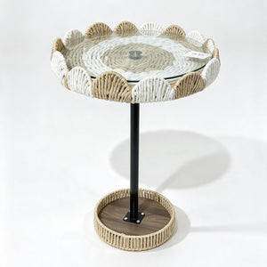Table d'appoint « Pétale » en corde tressée – Plateau en verre, pied noir et base en bois