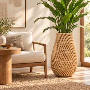 Vase panier en rotin tressé façon carafe – Style bohème naturel