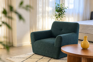 Fauteuil galaxy en tissu bleu canard – Design arrondi & confort enveloppant