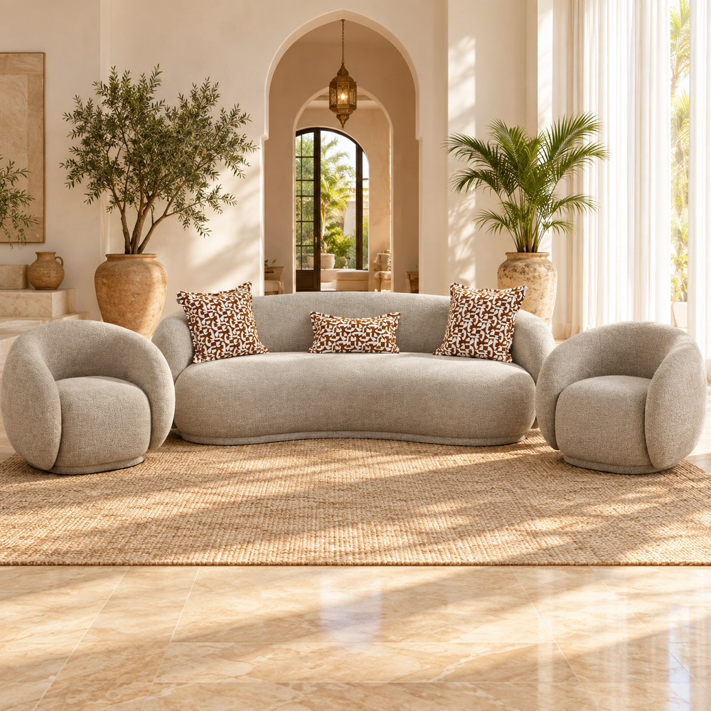 Canapé courbe 2 fauteuils Galbe : le salon enveloppant en beige taupe