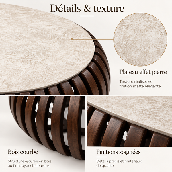 Table Basse Ronde Sculpturale – Bois & Effet Pierre