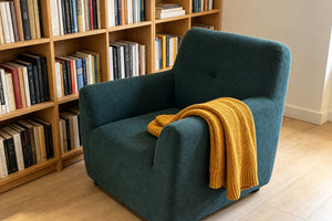 Fauteuil galaxy en tissu bleu canard – Design arrondi & confort enveloppant