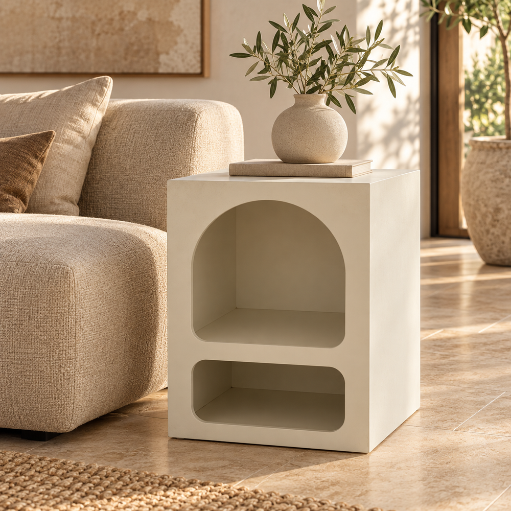 Table de chevet sculpturale bi-niches en résine/plâtre – Arche et rectangle