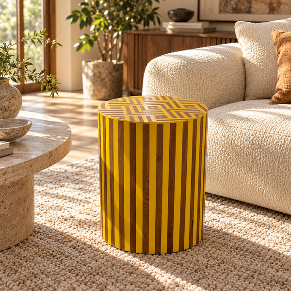 Table d'appoint cylindrique marquetée jaune et bois – Motif géométrique labyrinthe