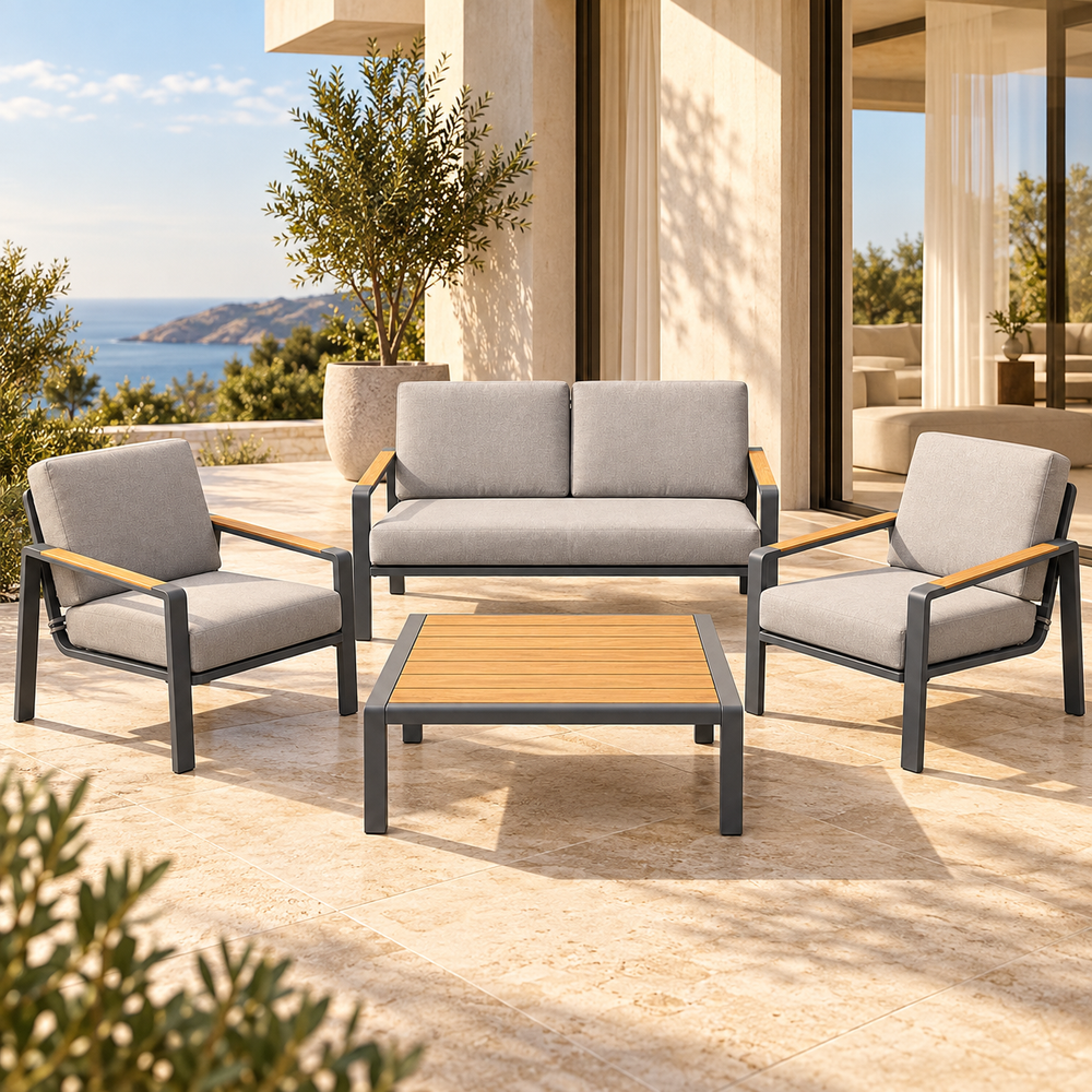 Salon de jardin 4 pièces aluminium et bois – Canapé, fauteuils et table basse