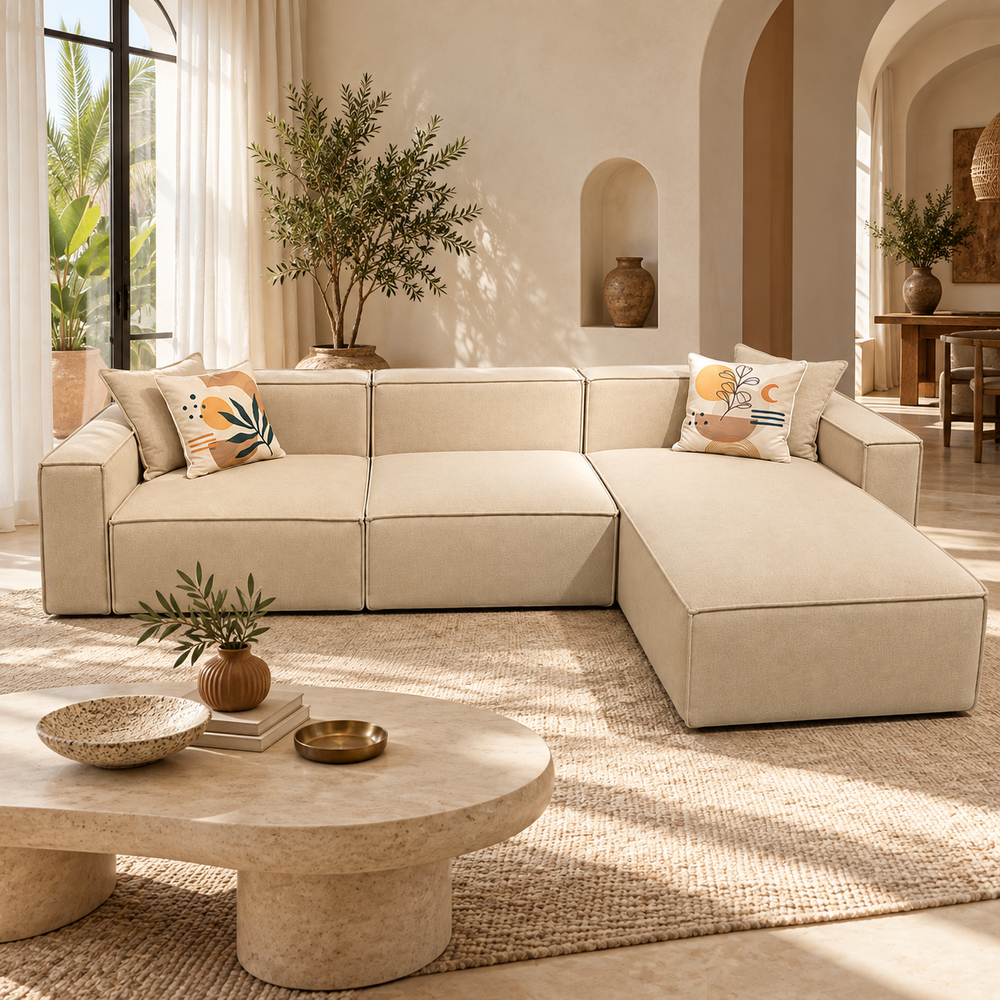 Canapé d'angle modulable beige avec méridienne – Style épuré & confort
