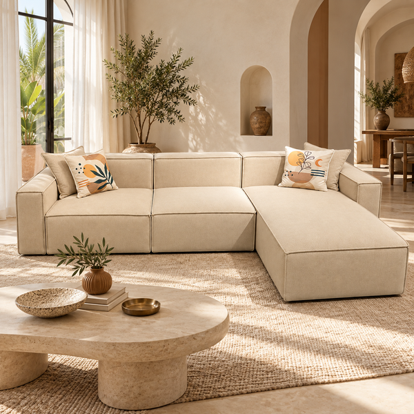 Canapé d'angle modulable beige avec méridienne – Style épuré & confort