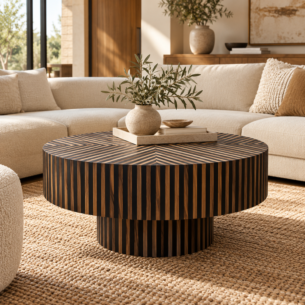 Table basse ronde marquetée bois clair et bois foncé – Motif soleil rayonnant, base piédestal