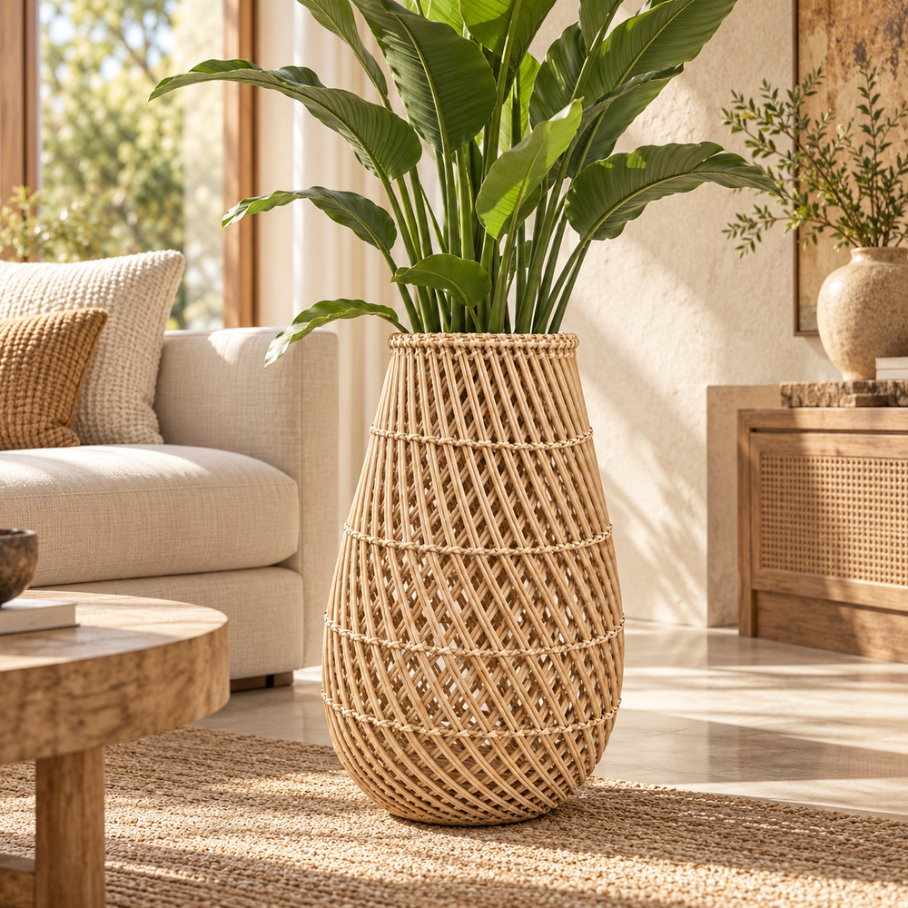 Vase panier en rotin tressé façon carafe – Style bohème naturel