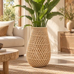 Vase panier en rotin tressé façon carafe – Style bohème naturel
