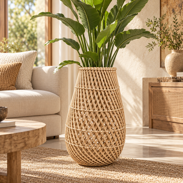 Vase panier en rotin tressé façon carafe – Style bohème naturel