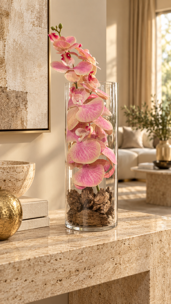 Orchidée rose sous cloche