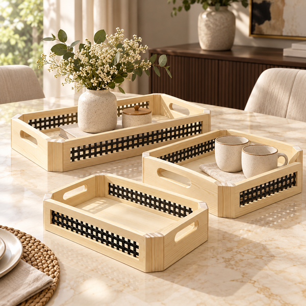 Plateau de Service Bois & Rotin – 3 Formats