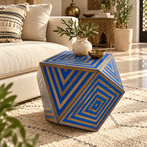 Table d'appoint géométrique marquetée bleu et bois – Motif op-art concentrique