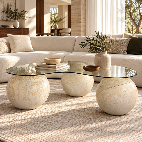 Table basse Sphères : plateau en verre et pieds en travertin