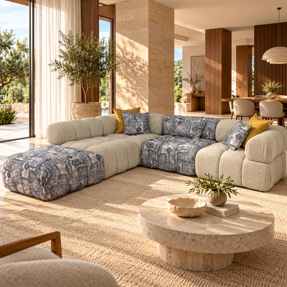 Canapé d'angle modulable Patchwork : capitonné beige &amp; motifs bleu indigo