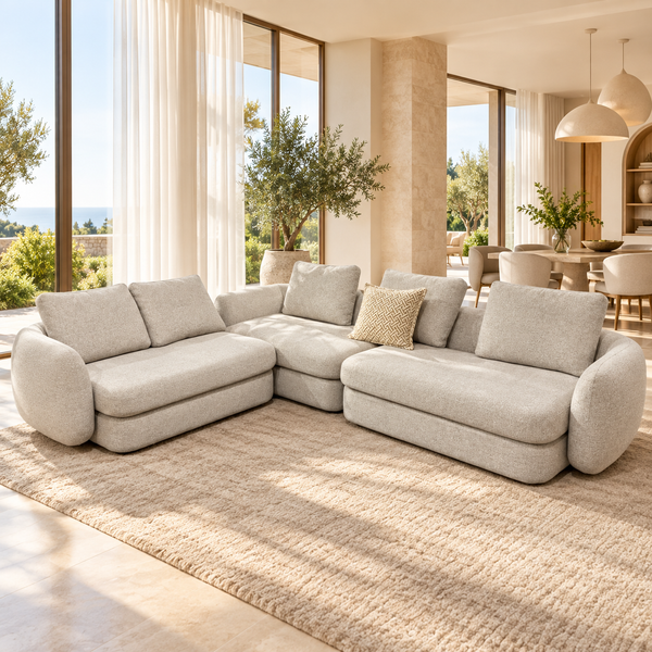 Canapé d'angle arrondi en tissu bouclé crème – Design doux & enveloppant