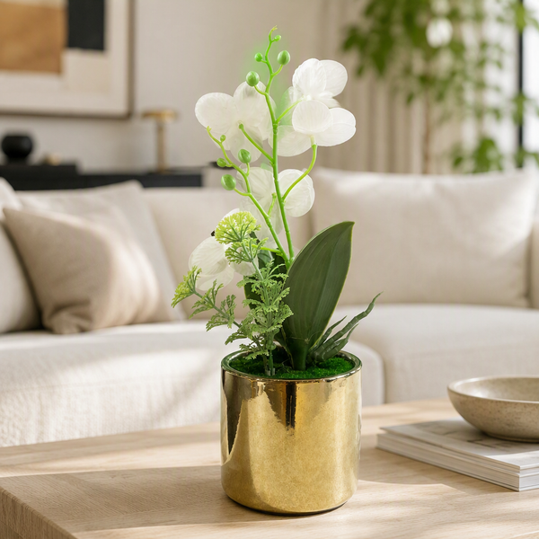 Orchidée artificielle en pot doré