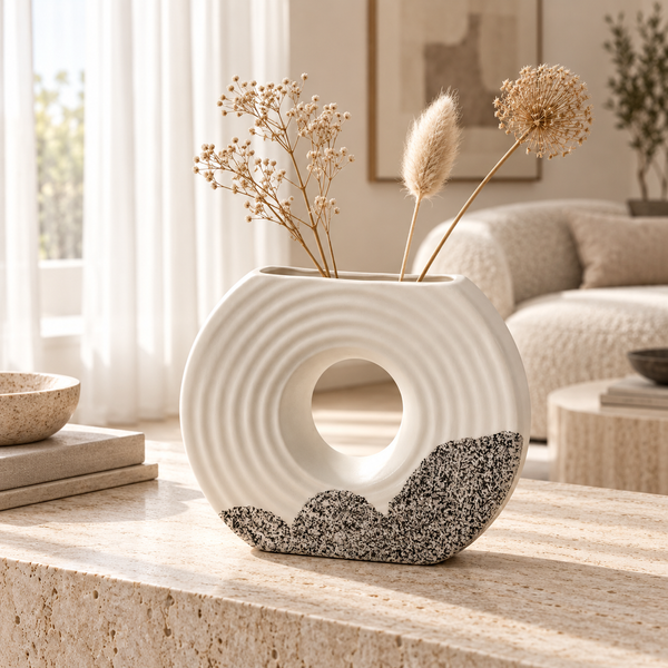 Vase Sculptural Ondulé – Ivoire et Noir